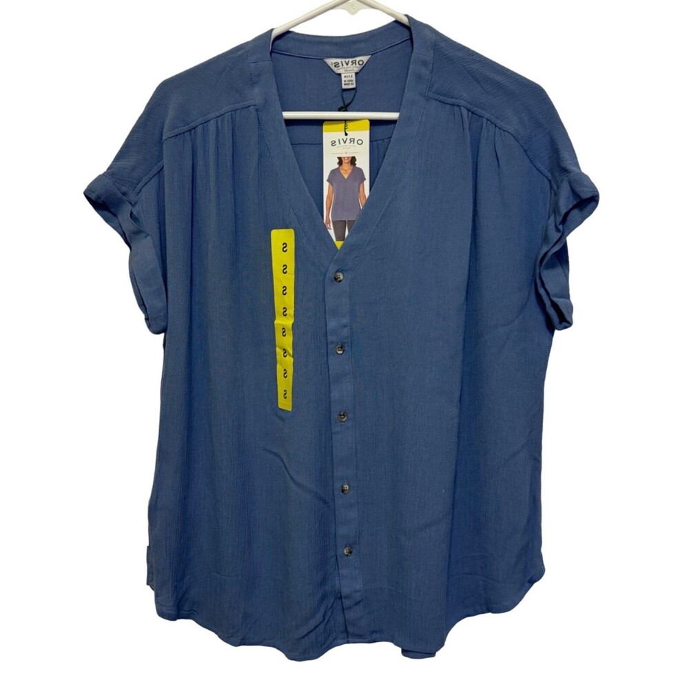 Orvis Womens Size Small Blouse Shirt Top Short Sleeve Button-Down Casual Blue